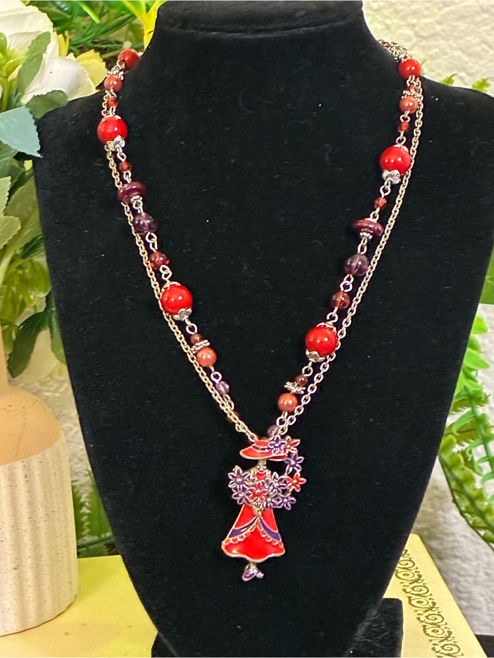 Red Floral Enamel Pendant Necklace - Women Jewelry